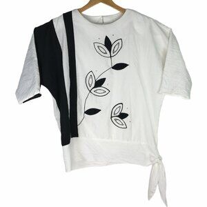 Vtg Blouse Top Tie Waist White Black Embroidery Bling 90s Y2K BOHO Chic Artsy